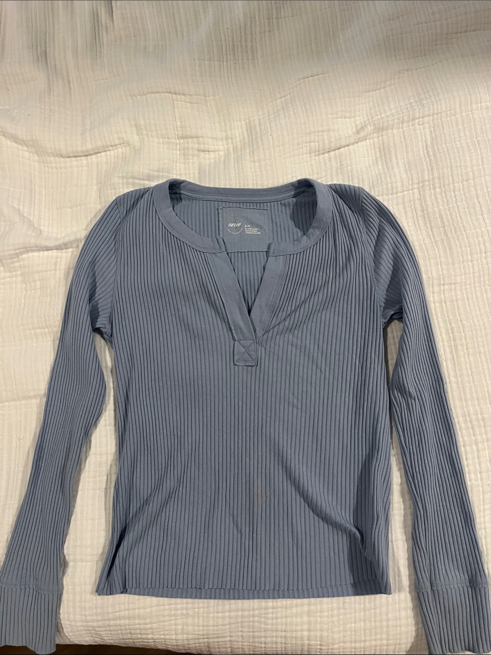 aerie Long-Sleeve Ribbed Henley Top in Dusty Blue